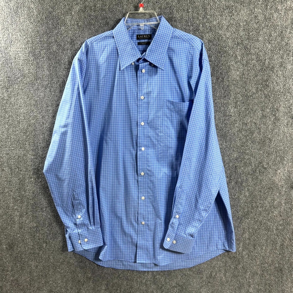Lauren Ralph Lauren Dress Shirt Men 18 36/37 Blue White Windowpane Check Stretch